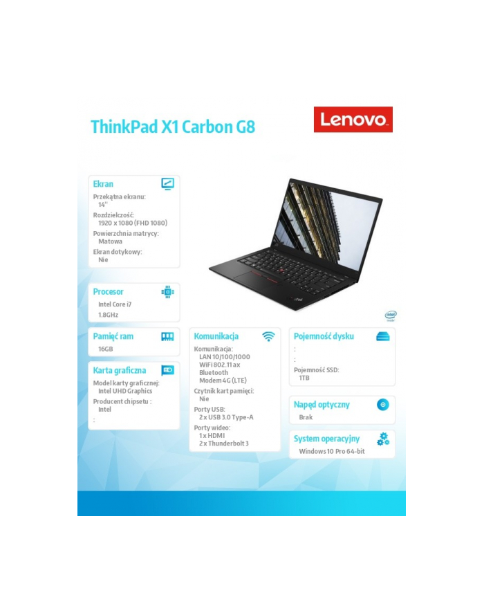 lenovo Ultrabook ThinkPad X1 Carbon 8 20U9004TPB W10Pro i7-10510U/16GB/1TB/INT/LTE/14.0 FHD/Black główny