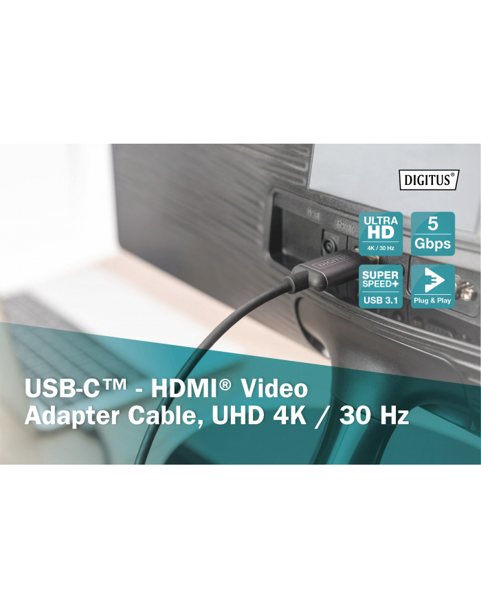 digitus Kabel adapter HDMI 4K 30Hz na USB Typ C 3.1 metalowa obudowa HQ czarny 1.8m główny