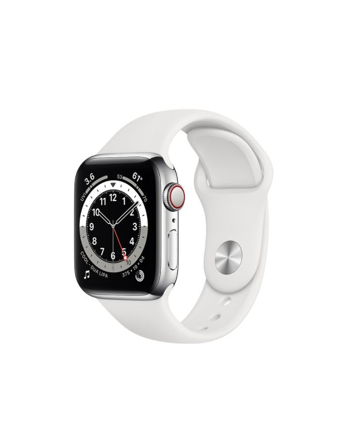 apple Zegarek Series 6 GPS + Cellular, 44mm koperta ze stali nierdzewnej w kolorze srebrnym z paskiem sportowym w kolorze białym główny