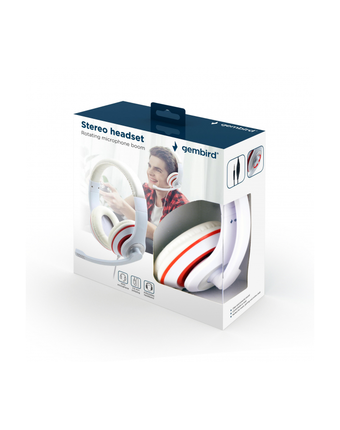 GEMBIRD MHS-03-WTRD Stereo headset with microphone white color with red ring główny