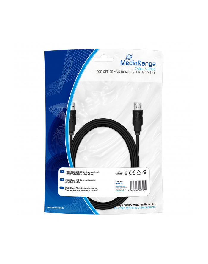 Kabel USB 2.0 MediaRange MRCS111 plug A to socket A, 3.0m, czarny główny