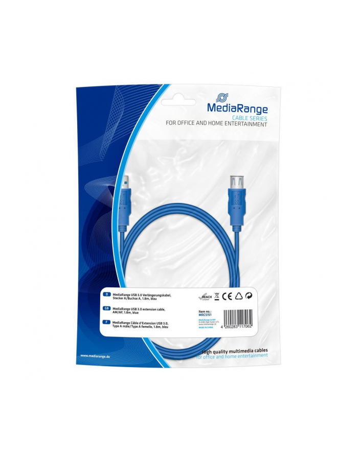 Kabel USB 3.0 MediaRange MRCS151 Plug A/Socket A, 1,8m, niebieski główny