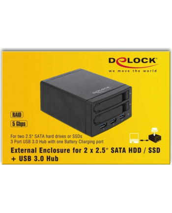 DeLOCK external housing for 2 x 2.5 ? SATA HDD / SSD with RAID + 3 port USB 3.0 hub, drive housing