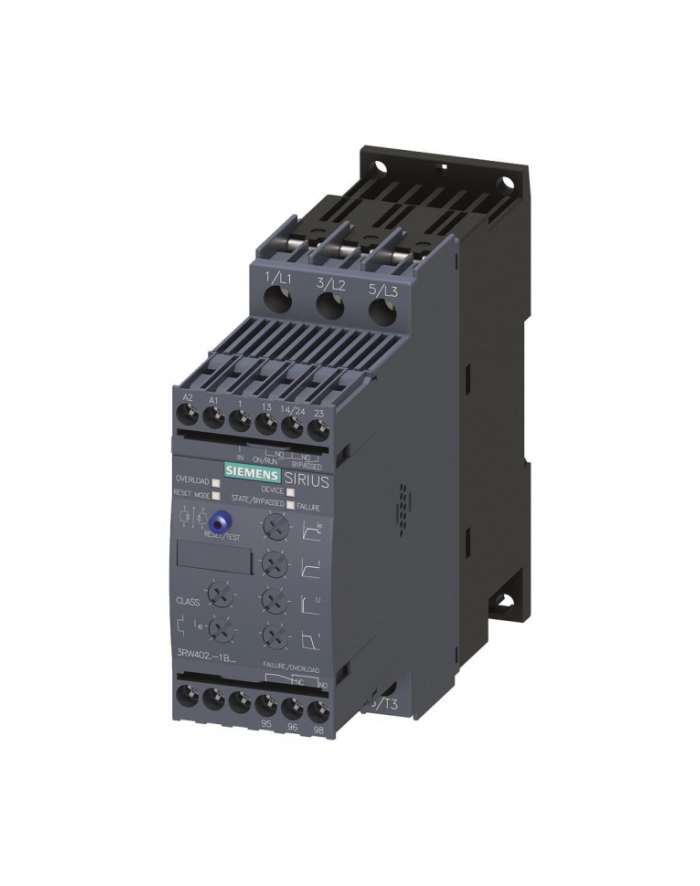 Siemens Softstart 3-fazowy 200-480v ac 32a 15kw/400v 24v ac/dc s0 ip20 45/125/155mm sirius 3RW4027-1BB04 główny