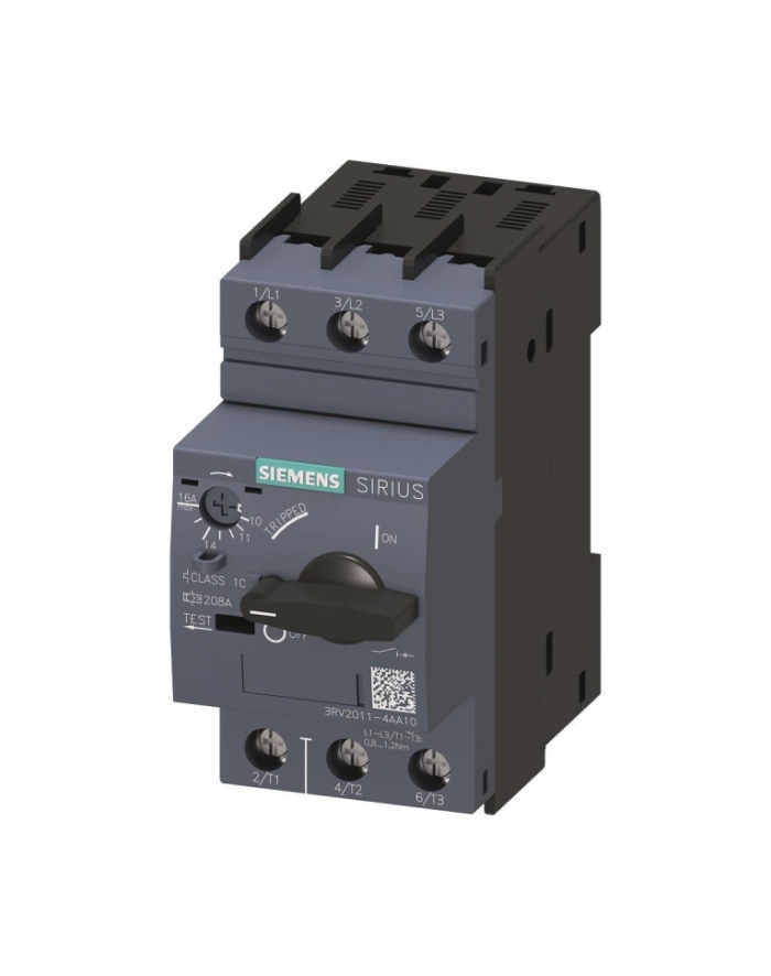 Siemens Wyłącznik silnikowy 7.5kw 10-16a s00 klasa 10 208a IP20 97/45/96mm Sirius 3RV2011-4AA10 główny