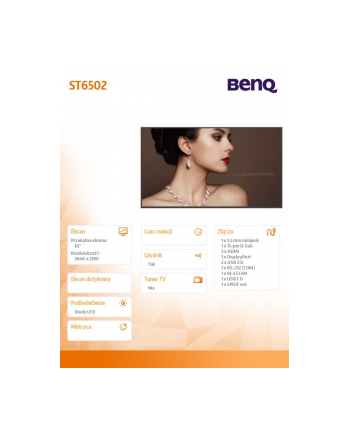 benq Monitor wielkoformatowy 65cali ST6502  LED 4K 1200:1/3840x2160/HDMI