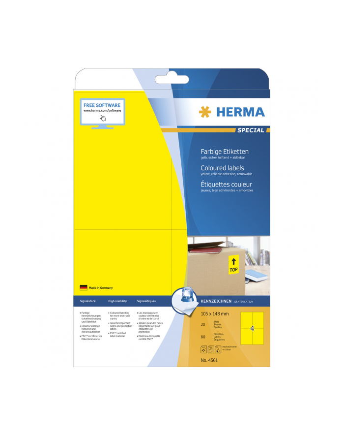 Herma Kolorowe Etykiety A4, 105 X 148 Mm, Żółte, Wyjmowane. - 4561 główny