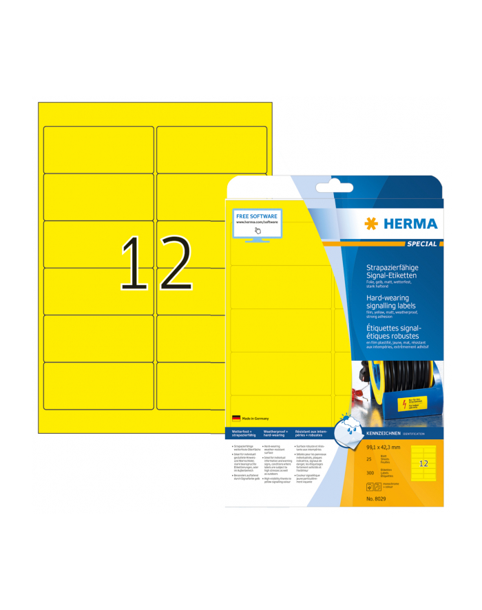 Herma Wodoodporne Etykiety Foliowe, Żółte, A4, 99,1 X 42,3 Mm, Wyjątkowo Silna Przyczepność - 8029 główny