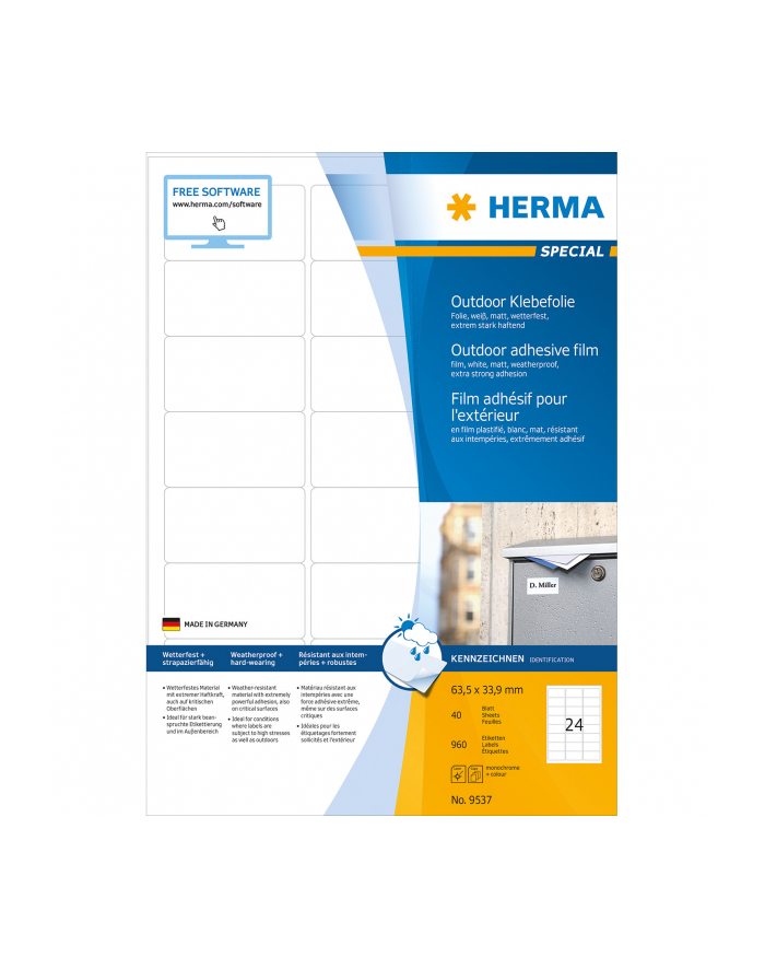 Herma Etykiety Foliowe Zewnętrzne Odporne Na Warunki Atmosferyczne A4, 63,5 X 33,9 Mm, Białe, Wyjątkowo Silna Przyczepność, Rozciągliwe - 9537 Darmowy główny