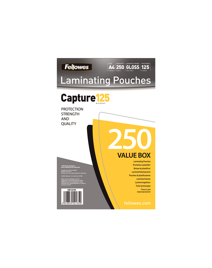 Fellowes A4 Glossy 125 Micron Laminating Pouch 250-Value Pack główny