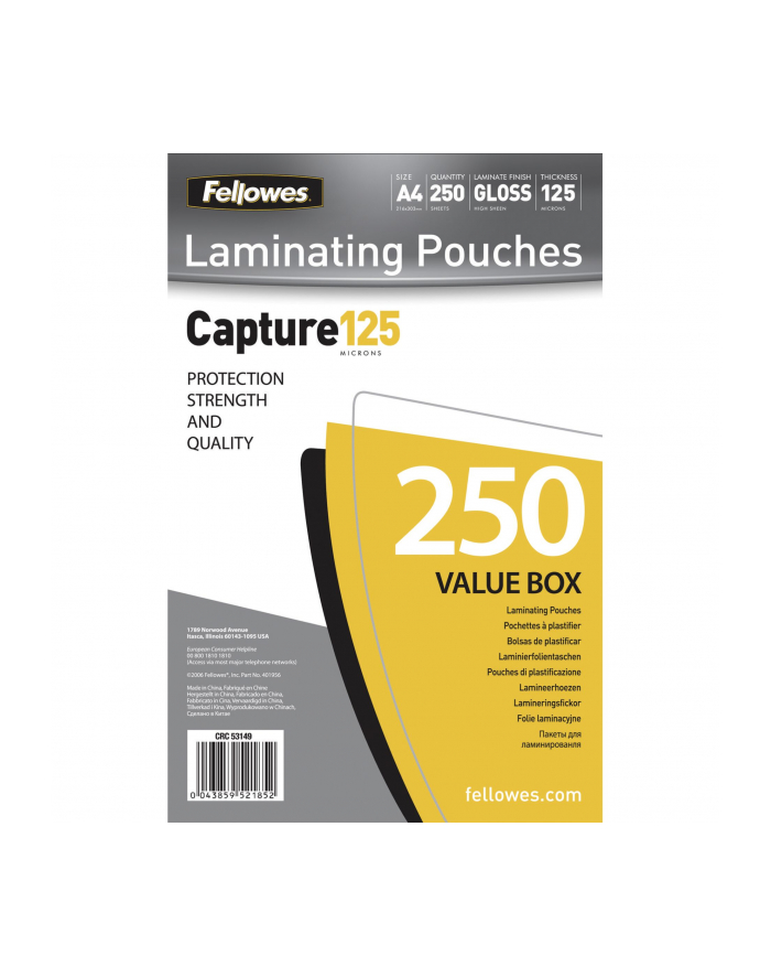 Fellowes A4 Glossy 125 Micron Laminating Pouch 250-Value Pack główny