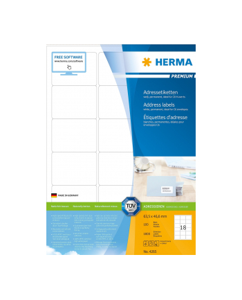 Herma Etykiety Premium 4265 A4 Adresowe Białe 63.5 X 46.6 Mm Papier Matowy 1800 Szt (4265) nr 1