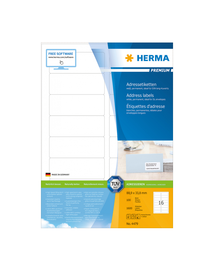Herma Etykiety adresowe 4479 Premium A4 białe 88.9 x 33.8mm papier matowy 1600 szt 4479 główny