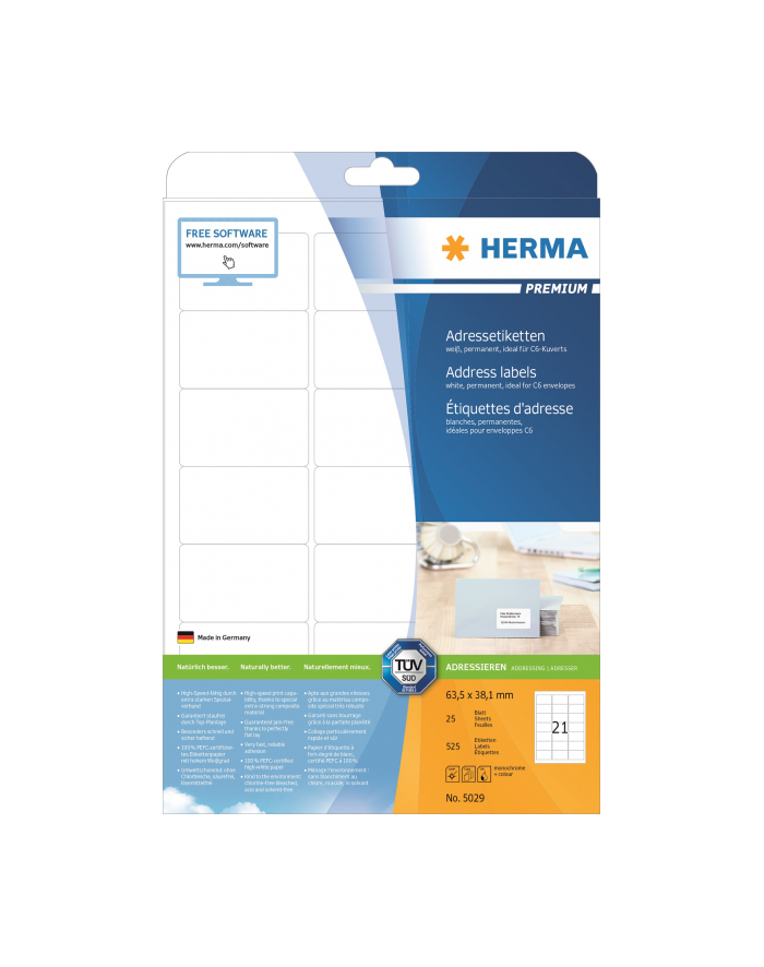 Herma Etykiety Premium 5029 A4 adresowe białe 63,5 x 38,1mm papier matowy 525 szt 5029 główny