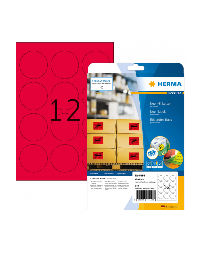 Herma Etykiety kolorowe 5156 A4 okrągłe 60mm papier matowy jaskrawy czerwony 240 szt 5156 główny