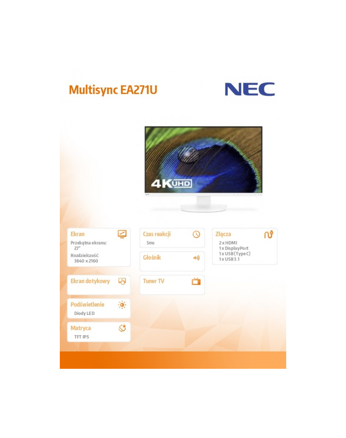 nec Monitor Multisync EA271U 27 cali UHD Biały główny