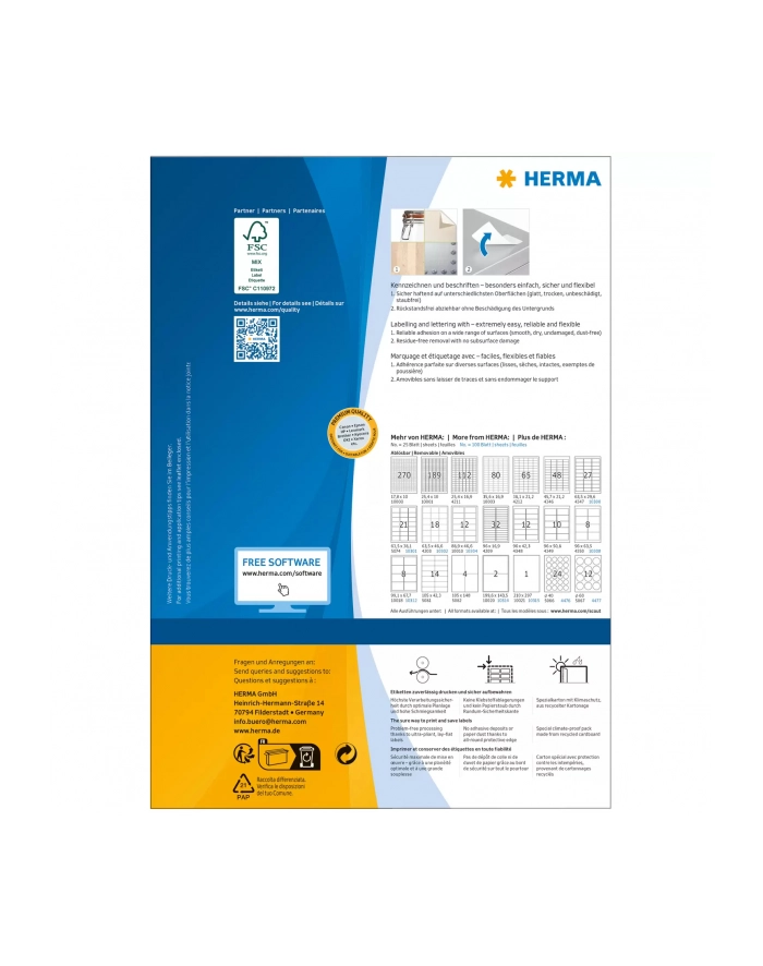 Herma Etykiety odklejalne 4477 Movables A4 okrągłe Ø 60mm białe papier matowy 1200 szt 4477 główny