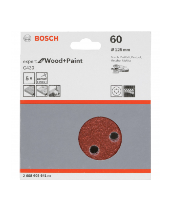BOSCH 5-częściowy zestaw papierów ściernych W: 125 y: 60 2608605641