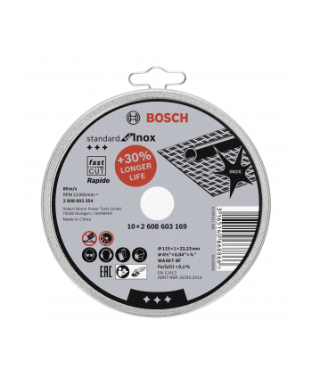Bosch Tarcza tnąca prosta Standard for Inox – Rapido WA 60 T BF, 115 mm, 22,23 mm, 1,0 mm 2608603254