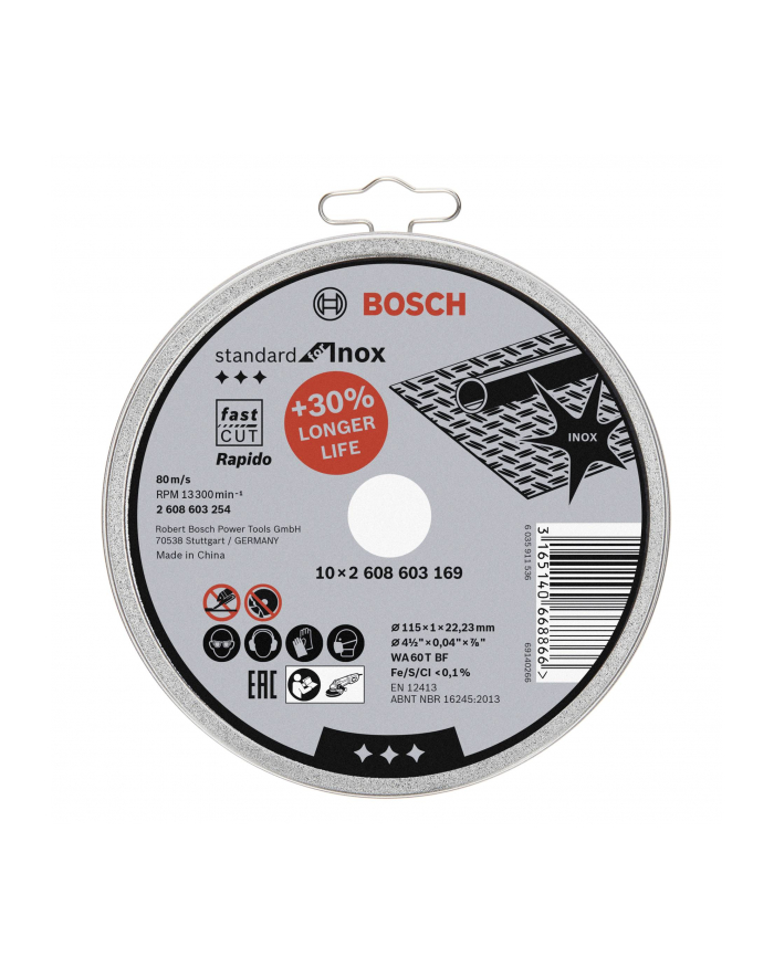 Bosch Tarcza tnąca prosta Standard for Inox – Rapido WA 60 T BF, 115 mm, 22,23 mm, 1,0 mm 2608603254 główny