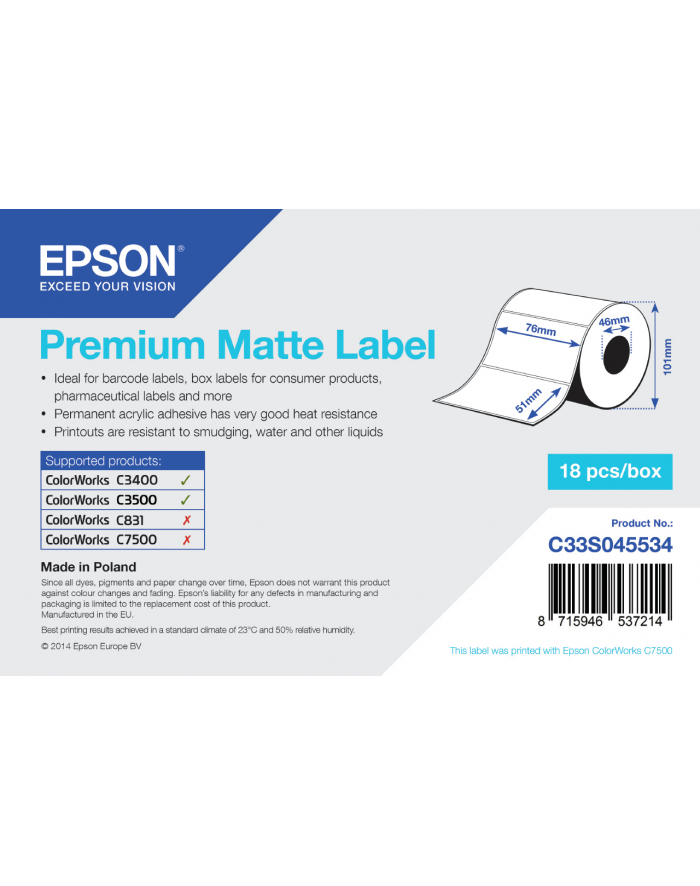 Epson Rolka Etykiet, Normalny Papier, Matowy, 76X51 główny