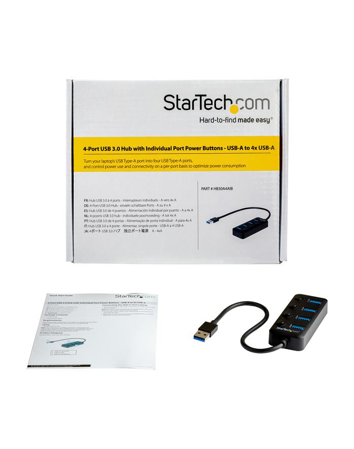 Startech.com 4-Port USB 3.0 Hub - 4x USB-A - Individual On/Off Switches - hub - 4 ports USB hub - 4 - Czarny (HB30A4AIB) główny