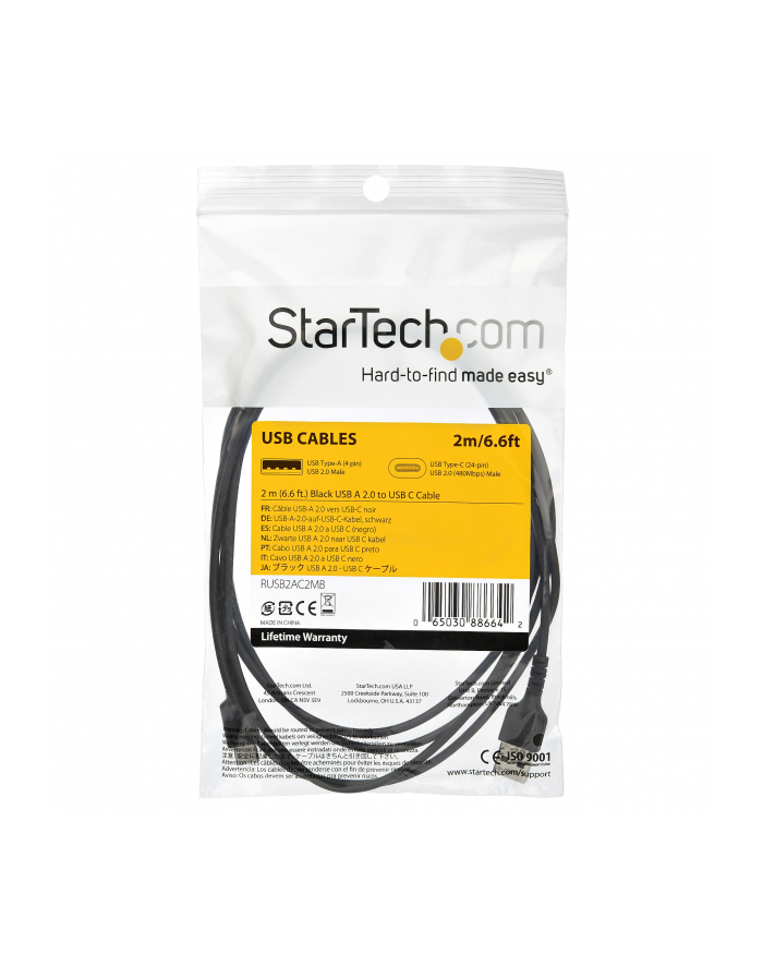 Startech.COM  2 M / 6.6 FT. USB 2.0 TO USB C CABLE - BLACK - ARAMID FIBER - USB-C CABLE - 2 M  (RUSB2AC2MB) główny