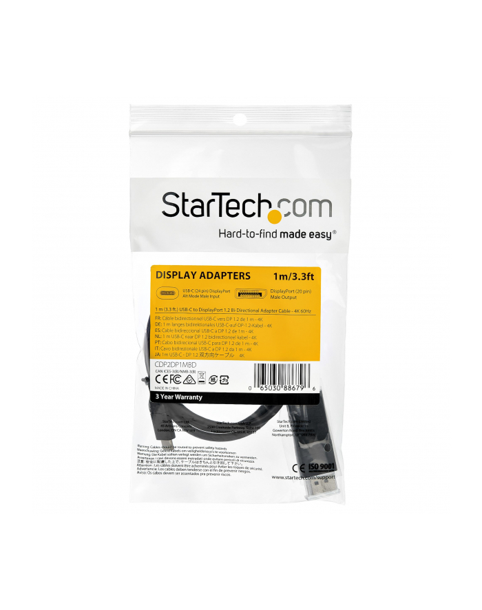 Startech.COM  3.3 FT. (1 M) USB-C TO DISPLAYPORT 1.2 CABLE - BI-DIRECTIONAL - USB / DISPLAYPORT CABLE - 1 M CDP2DP1MBD główny