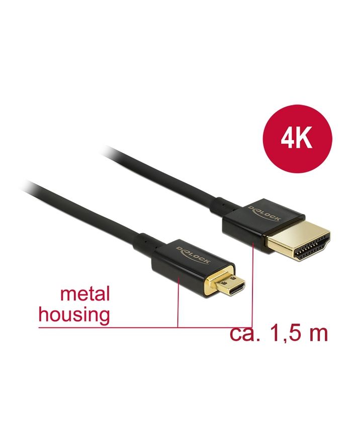 DELOCK KABEL HDMI(M)->HDMI MICRO(M) 1.5M 4K 60HZ 3D CZARNY SLIM PREMIUM DELOCK  (84782) główny