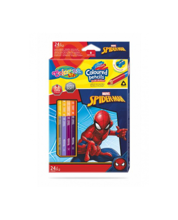 patio Kredki ołówkowe trójkątne dwukolorowe 12 sztuk 24 kolory + temperówka Colorino Kids Spiderman