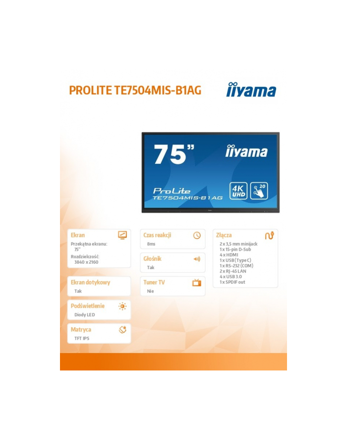 iiyama Monitor wielkoformatowy TE7504MIS-B1AG 75cali PureTouch-IR, IPS, 24/7, 4K, USB-C główny