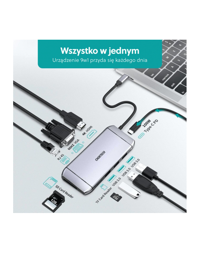 choetech HUB-M15 Gray USB-C 9w1 4K 100W Power Delivery LAN 3xUSB 3.0 SD/TF główny