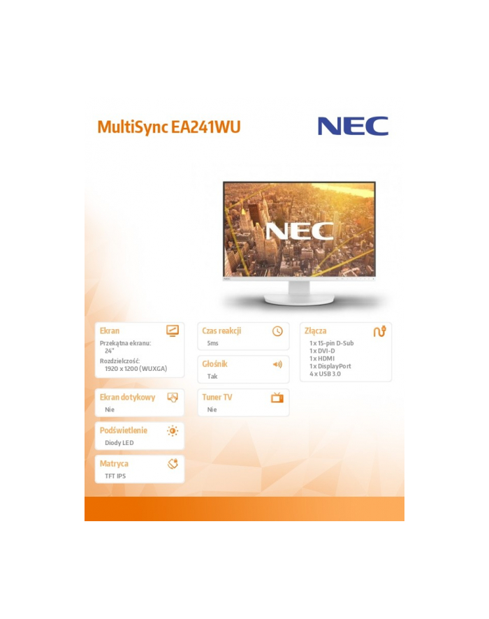 nec Monitor MultiSync EA241WU biały IPS 1920x1200 główny