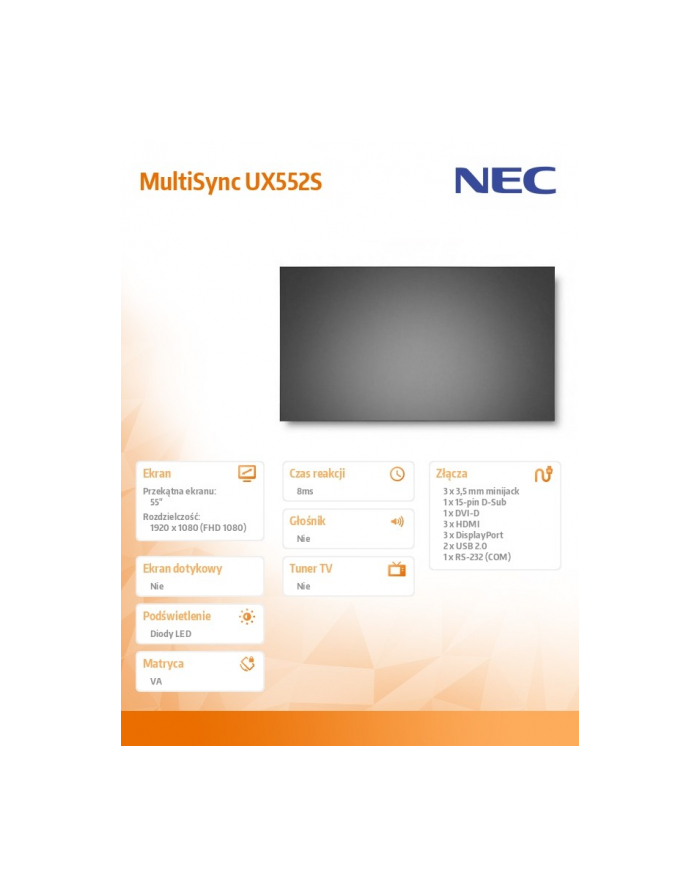 nec Monitor wielkoformatowy MultiSync UX552S 55 cali 700cd/m2 1920x1080 główny