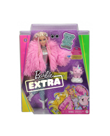 Mattel Barbie Extra doll (blonde) with fluffy pink jacket, including pet