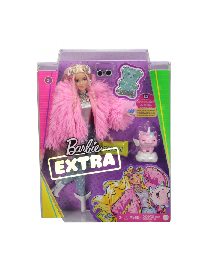 Mattel Barbie Extra doll (blonde) with fluffy pink jacket, including pet główny