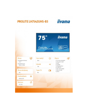 iiyama Monitor wielkoformatowy 74.5 cala LH7542UHS-B3 4K,18/7,SDM,IPS,LAN,PION,500cd/m2,OS8.0