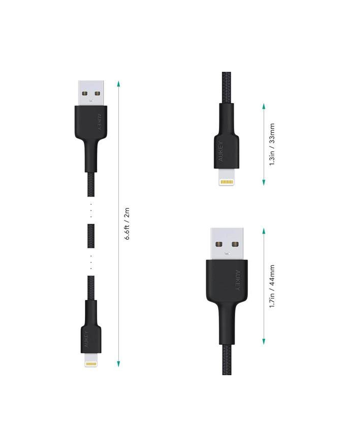 aukey Ultraszybki nylonowy kabel CB-AL05 Quick Charge Lightning-USB | 2m | certyfikat MFi Apple Czarny główny