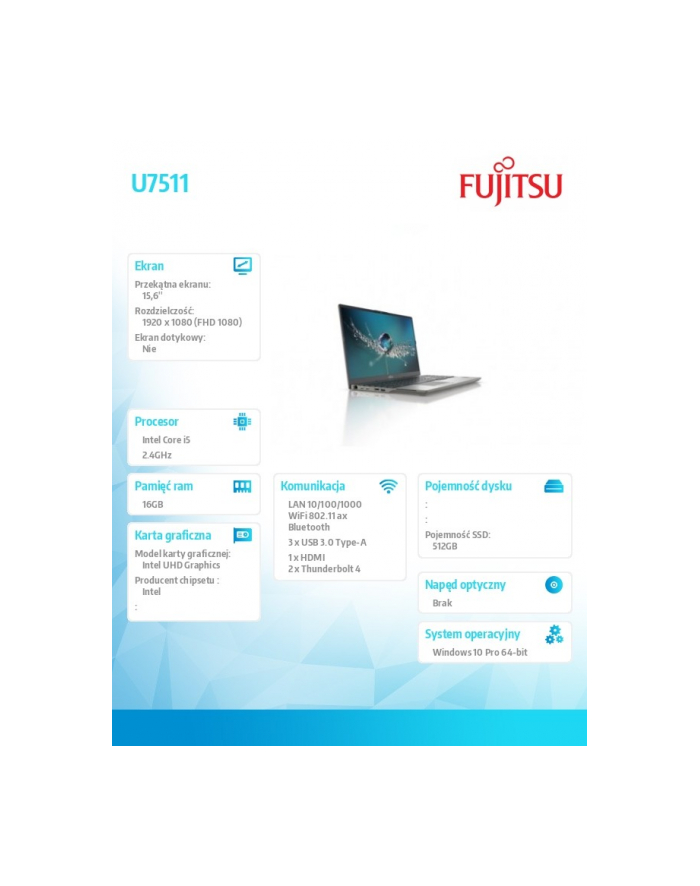 fujitsu Notebook Lifebook U7511/15,6 i5-1135G7/16/SSD512/W10P PCK:U7511MP5EMPL główny