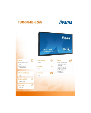 iiyama Monitor 86 TE8604MIS-B2AG PureTouch-IR,IPS,24/7,4K,USB-C,7H,S.PC
