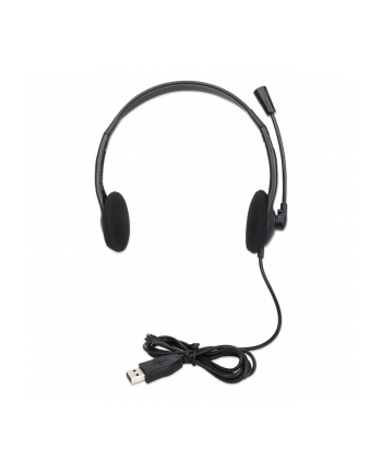MANHATTAN Stereo USB Headset Lightweight On-ear Design Wired USB-A Plug Adjustable Microphone Black Retail Box
