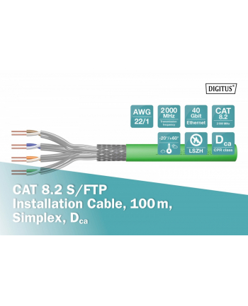 DIGITUS DK-1843-VH-1 CAT 8.2 S-FTP install. cable 2000MHz AWG 22/1 Dca 100m ring simplex green