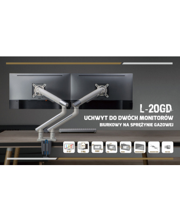 art Uchwyt biurkowy gazwoy do 2 monitorów LED/LCD 17-32' L-20GD 2-9kg 2xUSB 3.0 Premium Aluminiowy