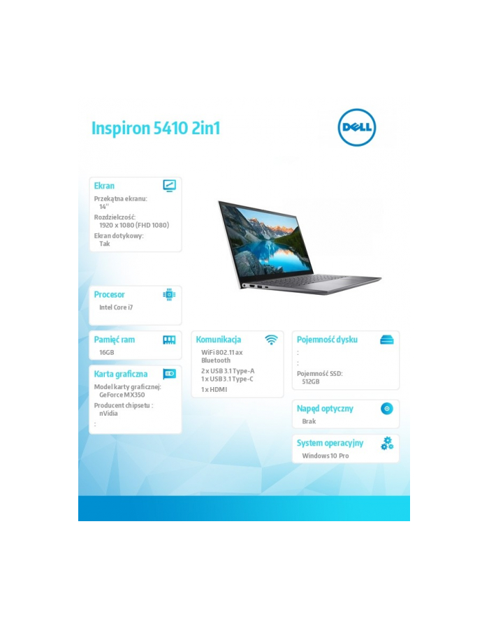 dell Notebook Inspiron 5410 2in1 W10Pro i7-1195G7/512/16/MX350/Srebrny główny