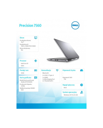 dell Notebook Precision 7560 Win10Pro i9-11950H/1TB/32GB/15.6' FHD/Nvidia RTX A3000/SCR/FPR/TB/vPro/KB-Backlit/95WHR/3Y PS