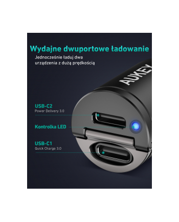 CC-A4 Mini aluminiowa ładowarka samochodowa 2xUSB-C PD Power Delivery Quick Charge 3.0 30W 6A PPS