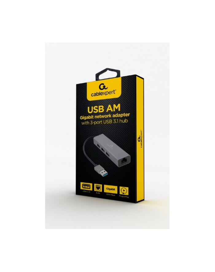 GEMBIRD A-AMU3-LAN-01 Adapter USB-AM do LAN Gigabit HUB USB 3.0 x3 czarny główny