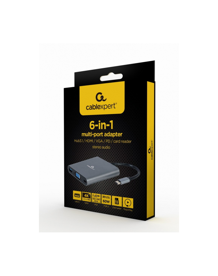GEMBIRD A-CM-COMBO6-01 Multi Port Adapter USB Type C 6in1 Hub3.1 HDMI VGA PD card reader stereo audio space grey główny
