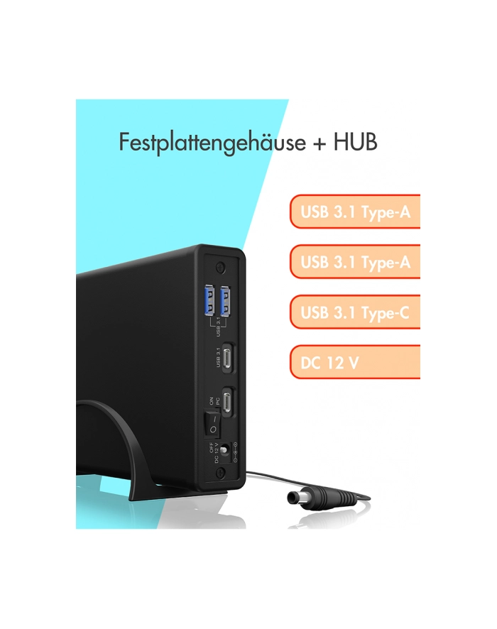 icybox Zasilacz IB-382H-C31 2,5/3,5 HDD z wbudowanym HUB 1xUSB-C, 2xUSB -A,  12V2A główny