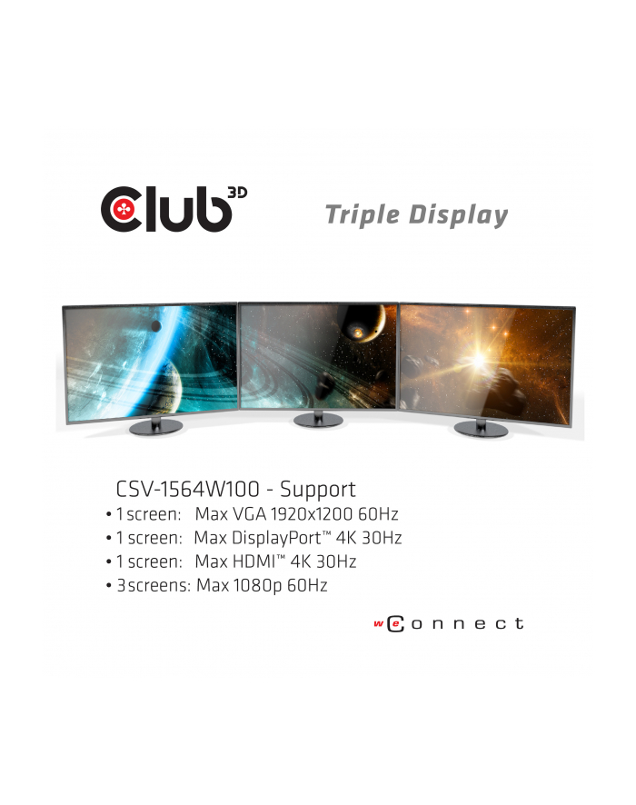 club 3d Stacja dokująca Club3D CSV-1564W100 (USB Type C 32 Gen1 Triple Display Dynamic PD Charging Dock 100W PD Power charger) główny